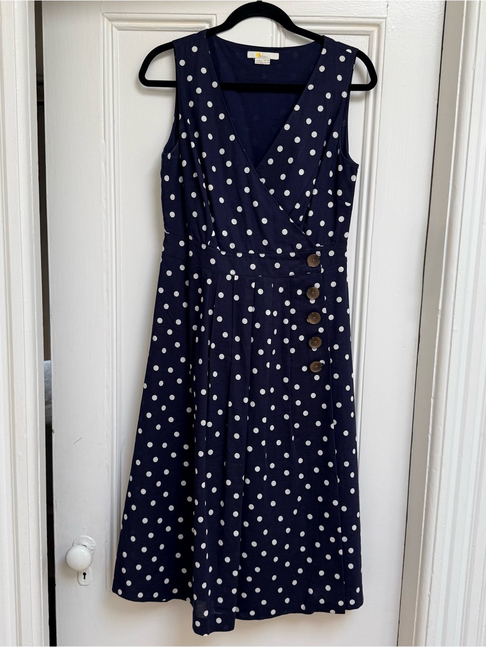 Boden Navy and White Polka Dot Sleeveless Midi Wrap Dress, Linen Cotton, size 8